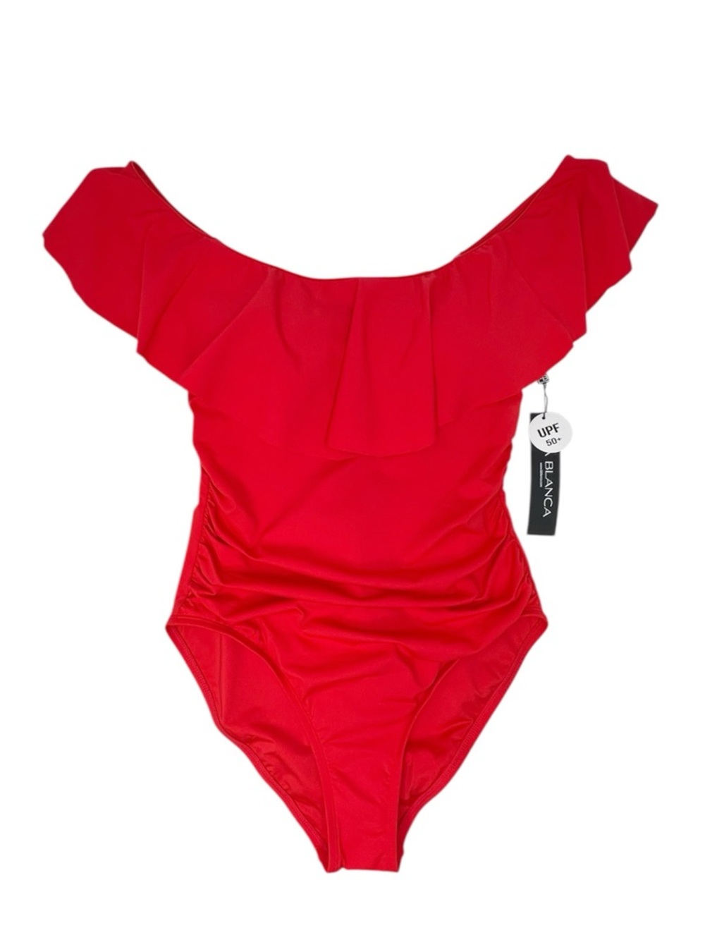La Blanca Island Goddess Red One-Piece Swimsuit Size 12 Off-the-Shoulder Ruffled